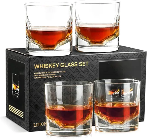 Vista 20 de LIITON American Peaks - Juego de 4 vasos de whisky de cristal pesado, vaso de bourbon grueso congelable de 1 libra cada uno, regalos de whisky