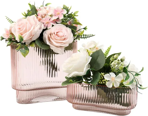 Vista 52 de Jarrones de vidrio acanalado, juego de 2 jarrones estriados para flores, florero de vidrio ámbar para tulipanes, jarrón moderno para sala de estar