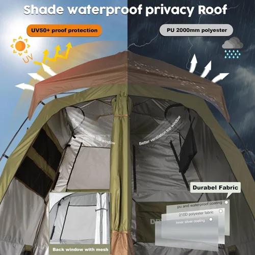 Vista 5 de Porayhut Camping Shower Tent Deluxe Changing Room Easy Set Up Privacy Shelter,Large Toilet Tent with Floor Drain Design for Beach, Camping,Hiking