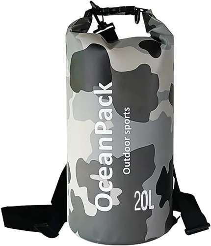Vista 19 de Bolsa seca impermeable de 5L/10L/20L para hombres, material de PVC, diseño de camuflaje, correas de hombro simples/dobles para kayak, natación