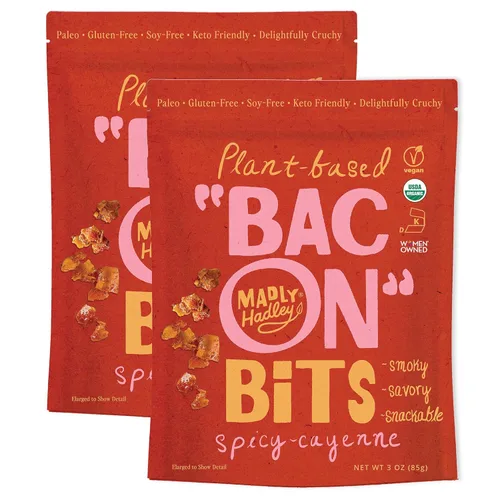 Vista 9 de Madly Hadley Bocadillos de tocino a base de plantas, 2 paquetes de 6 onzas Bocadillo de tocino vegano de coco orgánico Cobertura para ensaladas