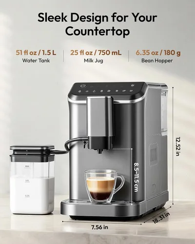 Vista 2 de EUHOMY Máquina de café espresso totalmente automática, cafetera de 20 barras con molinillo y espumador de leche integrado, máquina de café