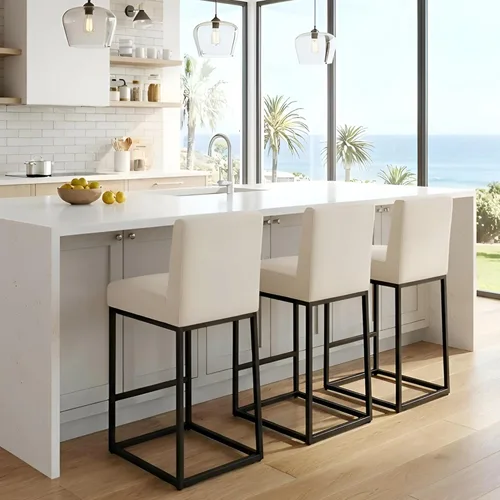 Vista 10 de BESTANO Taburete de bar de lino crema, taburetes modernos de altura de mostrador de 27 pulgadas con respaldo, marcos de metal negro, taburetes