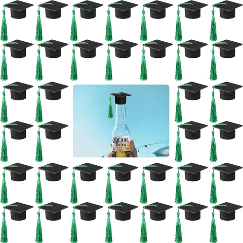 Vista 11 de 36 mini gorras de graduación 2026 con borlas para botellas de vino de graduación (gorra negra con borla dorada)