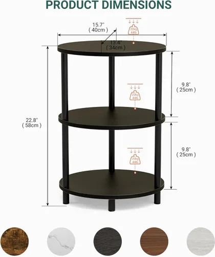 Vista 3 de Mesa auxiliar redonda pequeña, mesa decorativa ovalada de 3 niveles para espacios pequeños, mesita de noche de madera rústica y metal para sala