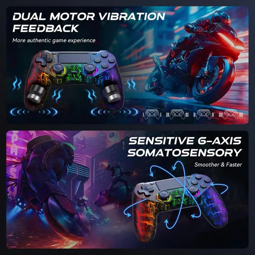 Vista 3 de Fanyooge Light-up Controller for PS4,2 Pack Crack Design Remote Control for Ps4 with RGB Light,Hall Effect Joystick,1000mAh Battery,Vibration,6-Axis