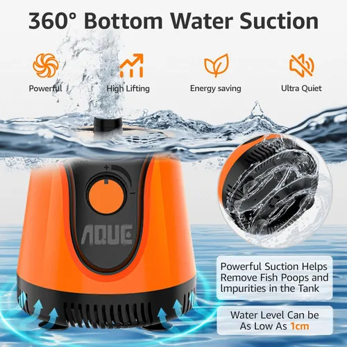 Vista 2 de AQUE Bomba sumergible de admisión de agua integral de 360°. Es adecuada para peceras, estanques, acuarios y sistemas hidropónicos. Viene con un