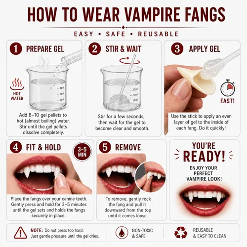 Vista 3 de COOLJOY 3 tamaños de dientes de vampiro con colmillos adhesivos para cosplay de Halloween, dientes falsos blancos de terror, accesorios