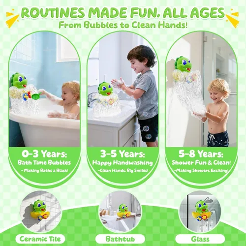 Vista 5 de Juguetes de baño de dinosaurio para bebés de 1, 2 y 3 años, máquina de burbujas de baño de dinosaurio con luces arcoíris y cuchara de agua