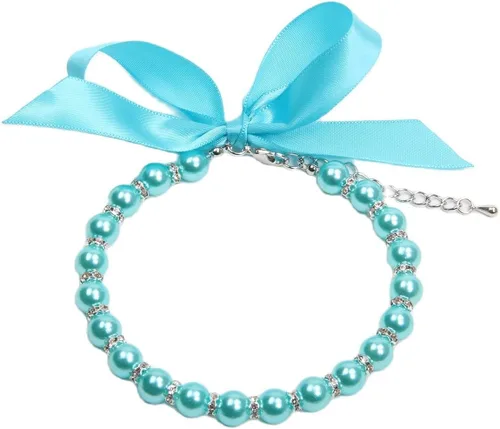 Collar de perlas para perros y gatos con accesorios brillantes y lazo de cinta, joyería para cachorros de mascotas para perros hembras, gatos, Azul