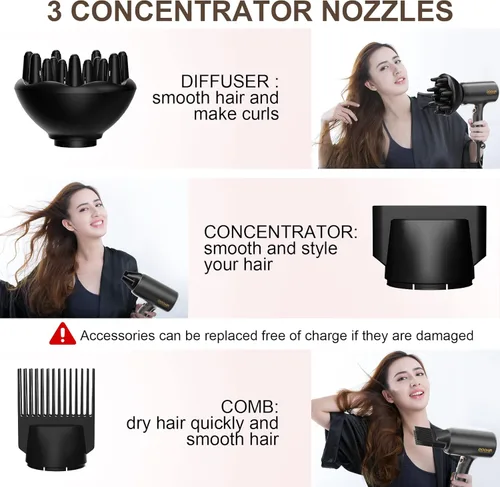 Vista 5 de Secador de pelo iónico con difusor, secador de pelo profesional con peine y concentrador, secador de pelo profesional para cabello rizado