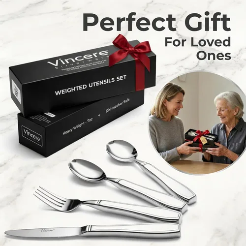 Vista 6 de Utensilios con peso para temblores y Parkinson, juego de cubiertos de acero inoxidable pesado, cubiertos adaptativos para comer que ayudan