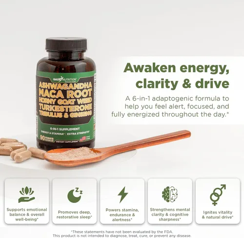 Vista 2 de Gade Nutrition Ashwagandha con raíz de maca, Epimedium, suplemento de turkesterona, Tribulus Terrestris, Panax Ginseng 90 cápsulas vegetales