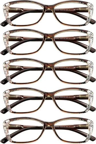 Vista 12 de VisionGlobal 5 Pairs Reading Glasses with Spring Hinge, Blue Light Blocking Glasses for Women/Men