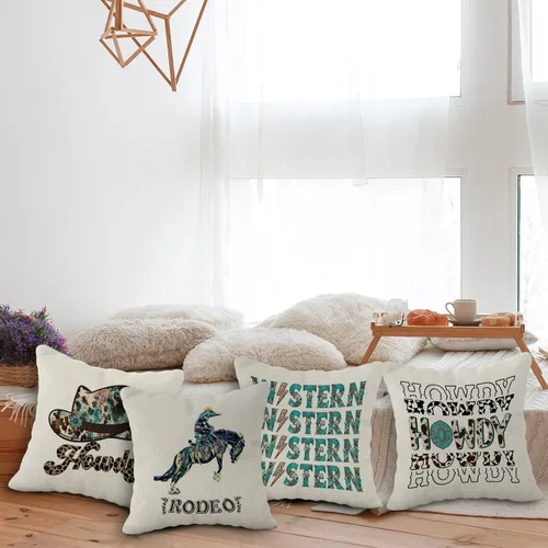 Vista 4 de Juego de 4 fundas de almohada retro occidentales con estampado de vaquera Howdy Rodeo Leopardo, turquesa, 18 x 18 pulgadas, regalos para niñas