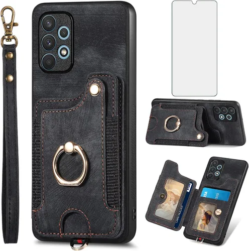 Funda de teléfono para Samsung Galaxy A32 4G de 6.4 pulgadas, funda tipo cartera con protector de pantalla y correa para la muñeca, cordón RFID,