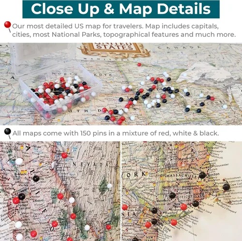 Vista 4 de Póster de lienzo enrollado personalizado con mapa de EE.UU. como arte de pared con chinchetas – Mapa ejecutivo grande de 24" x 36" de EE.UU.