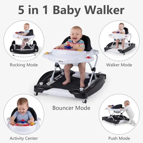 Vista 2 de INFANS Andador de bebé, 5 en 1 Behind Walker, mecedora sentada con bandeja de música extraíble, altura ajustable, cojín de asiento lavable, centro