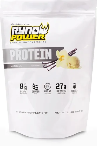 Ryno Power Proteína de suero totalmente natural, 2 libras (20 porciones) 'vainilla', mezcla de proteína de suero 100% y sin rellenos, sin OMG