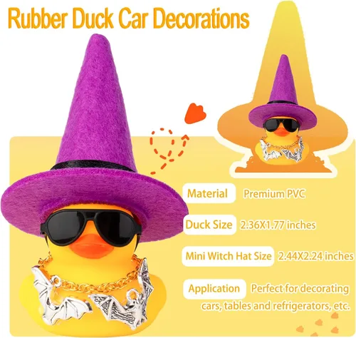 Vista 5 de Paquete de 2 patos de Halloween para automóvil, decoraciones de tablero de automóvil con mini sombrero de bruja, lentes de sol, accesorios