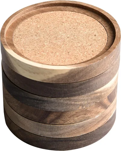 Portavasos de madera de acacia para bebidas, 4.13 pulgadas, juego de 6, absorbentes y aislantes, apilables de corcho, posavasos rústicos para mesa
