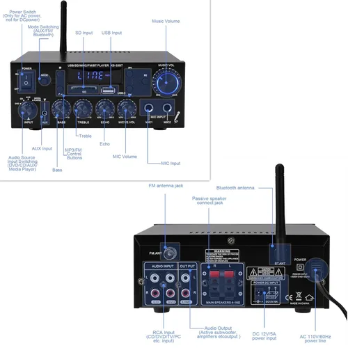 Vista 4 de Amplificador de audio 800W, amplificador estéreo para el hogar con 2 canales, RMS 60Wx2, Bluetooth 5.0, mini amplificador HiFi con eco, micrófono