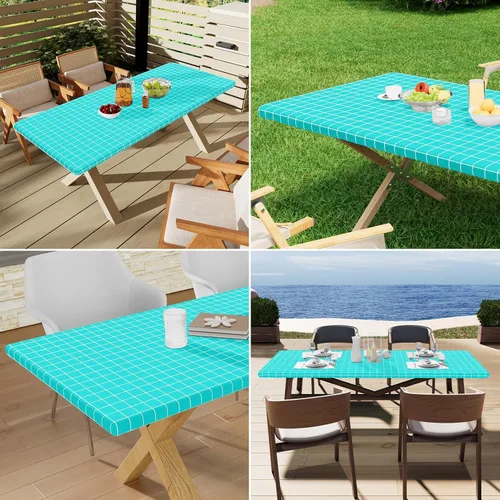 Vista 97 de Mantel rectangular, manteles de plástico elásticos ajustables con parte trasera de franela para mesas de 4 pies, manteles de vinilo impermeables