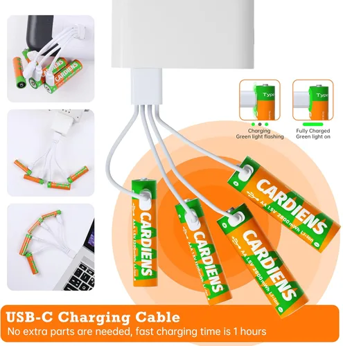 Vista 2 de Paquete combinado de baterías AA y AAA, batería recargable USB, baterías de litio dobles A y triple A de 1.5 V con cable de carga USB-C 4 en 1 e