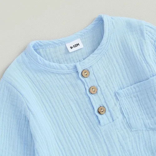 Vista 4 de Emmababy Baby Boy Clothes Cotton Linen Outfit Long Sleeve Button Down Shirt Solid Color Tops Toddler Shirt and Pants Set