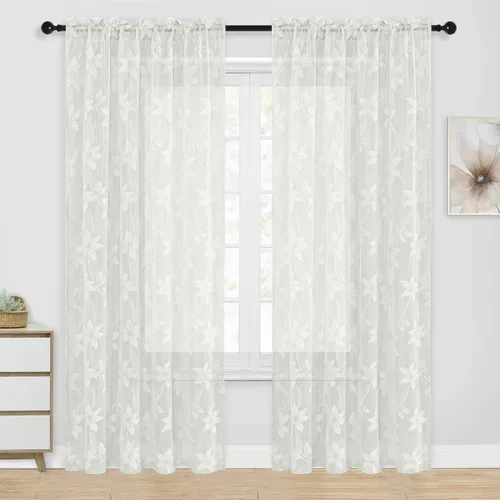 Vista 54 de DWCN Cortinas traslúcidas para cocina, bolsillo para barra de encaje floral beige, 52 x 36 pulgadas, 2 paneles Encaje Beige