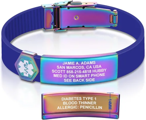 Vista 258 de Divoti Pulsera de identificación de alerta médica grabada personalizada, grabado láser de doble cara, pulsera de silicona, cierre de seguridad