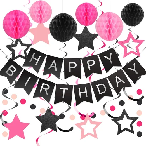 Vista 22 de meowtastic - Decoraciones de cumpleaños, pancarta de feliz cumpleaños con bolas de panal de abeja, serpentinas colgantes de estrellas, guirnalda