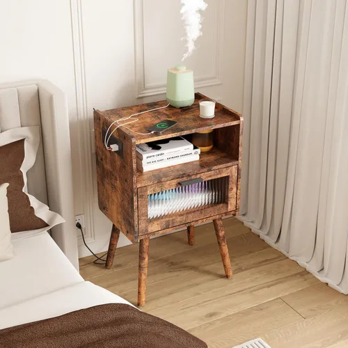 Vista 63 de Mesita de noche moderna de mediados de siglo con estación de carga, mesitas de noche con cajón de cristal, mesa auxiliar con espacio