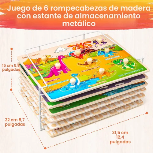 Vista 5 de SYNARRY Rompecabezas de madera para niños pequeños de 1 a 3 años, 6 rompecabezas para niños pequeños de 2 a 4 años con estante, vehículo