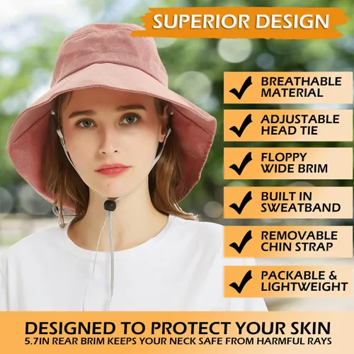 Vista 3 de Headshion Sombrero de sol para mujer, plegable, de ala ancha, con solapa para el cuello, para verano, playa, viajes, jardín