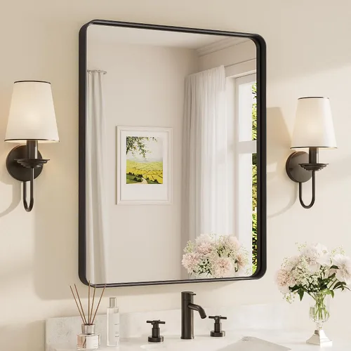 Vista 118 de TETOTE - Espejo rectangular para pared de baño de 60x40 pulgadas con marco negro mate, espejo moderno de tocador con puntas redondeadas