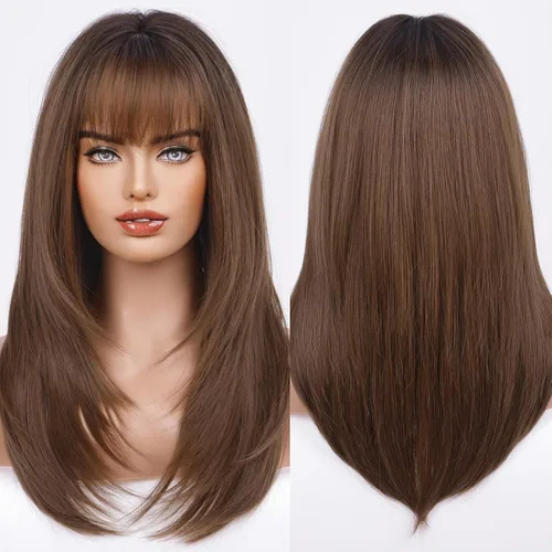 Vista 18 de HAIRCUBE - Peluca marrón con reflejos rubios, peluca larga y rizada con flequillo, peluca marrón de apariencia natural, peluca sintética resistente