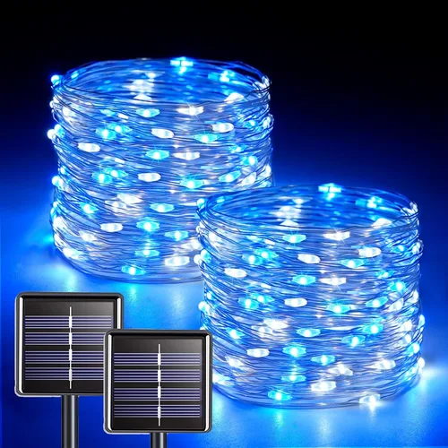 Vista 10 de JMEXSUSS Paquete de 4 tiras de 100 luces LED solares para exteriores, 33 pies, luces solares blancas para exteriores, impermeables, 8 modos, luces