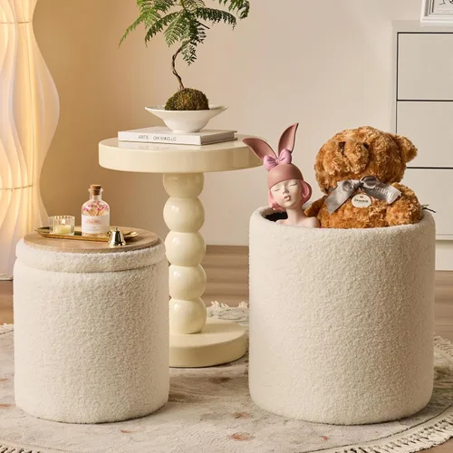 Vista 21 de Juego de 2 Otomanas Redondas con Almacenamiento - Taburete de Tocador de Terciopelo Tapizado para Maquillaje - Otomanas Multifuncionales para Mesa