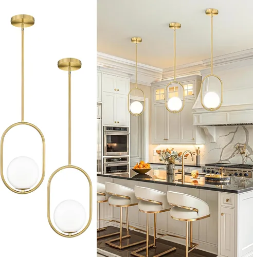 Vista 11 de AUTELO Luces colgantes para isla de cocina, 1 luz de oro cepillado moderno con lámpara colgante de globo blanco lechoso, varillas ajustables