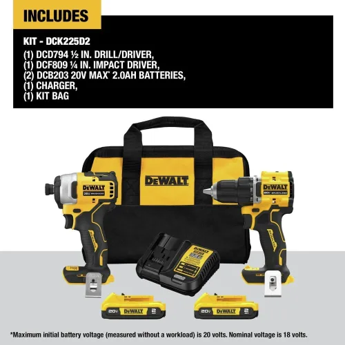 Vista 2 de DEWALT DCK225D2R 20V MAX ATOMIC - Taladro inalámbrico de 1/2 pulgada y kit combinado de destornillador de impacto inalámbrico de 1/4 pulgadas (2 Ah)