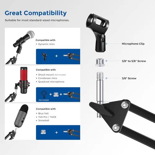 Vista 2 de Neewer: Micrófono ajustable de Suspension Boom Scissor Arm Stand, soporte de micrófono compacto de acero durable para estaciones de radio estudio
