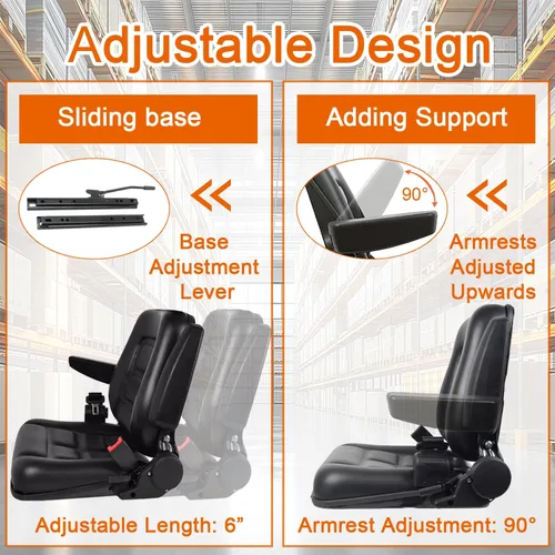 Vista 5 de Asiento universal para carretilla elevadora, asiento de tractor plegable con reposabrazos y cinturón de seguridad retráctil, respaldo de ángulo