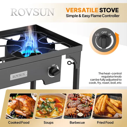 Vista 5 de ROVSUN Estufa de camping al aire libre de 2 quemadores con panel de viento, quemador de propano de 150,000 BTU, cocina de gas con patas desmontables
