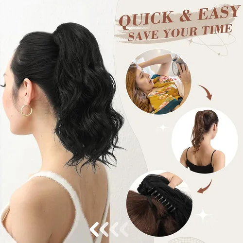 Vista 5 de BARSDAR Extensiones de cola de caballo con clip de garra, extensiones de cabello corto ondulado negro de 14 pulgadas para mujer, extensiones