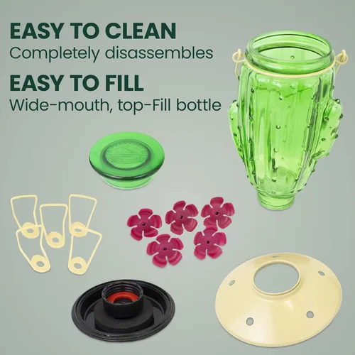 Vista 5 de Perky-Pet Comedero para colibríes de vidrio con relleno superior de cactus con protectores de abeja integrados y perchas extraíbles, capacidad