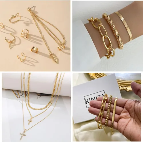 Vista 5 de Juego de 65 joyas de oro con 6 collares en capas, 11 tobilleras y 7 aretes de oreja, 11 aretes de aro, 15 anillos, 15 aretes de tuerca para mujer