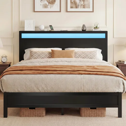 Fluest Queen Bed Frame with Headboard & Footboard, Bed Frame with Built-in Charging Station & LED Light, Storage Shelf, Noise-Free, No Box Spring