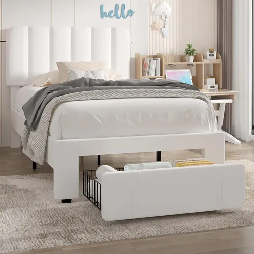 Vista 23 de VECELO - Base de cama tapizada de tamaño Queen con cabecera y 4 cajones, cama de plataforma de almacenamiento de terciopelo, soporte de listones