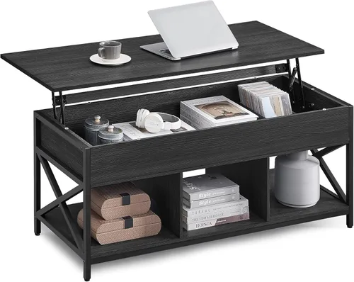 Vista 9 de VASAGLE Mesa de Centro con Tapa Elevable, Mesa de Café Elevable con Estante de Almacenamiento, Compartimentos Ocultos y Tapa Elevable, para Sala